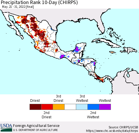 Mexico Central America and the Caribbean Precipitation Rank since 1981, 10-Day (CHIRPS) Thematic Map For 5/21/2022 - 5/31/2022