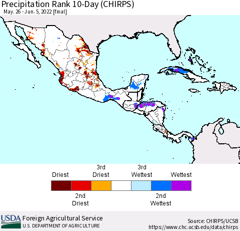 Mexico Central America and the Caribbean Precipitation Rank since 1981, 10-Day (CHIRPS) Thematic Map For 5/26/2022 - 6/5/2022