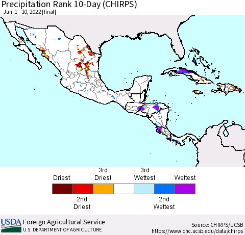 Mexico Central America and the Caribbean Precipitation Rank since 1981, 10-Day (CHIRPS) Thematic Map For 6/1/2022 - 6/10/2022
