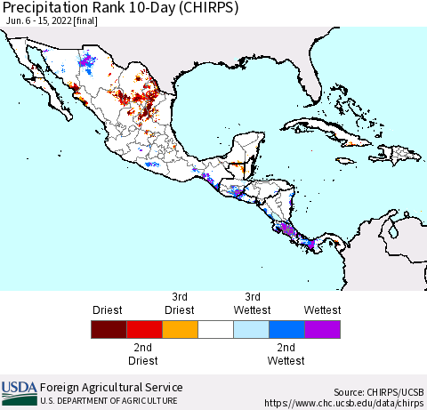 Mexico Central America and the Caribbean Precipitation Rank since 1981, 10-Day (CHIRPS) Thematic Map For 6/6/2022 - 6/15/2022