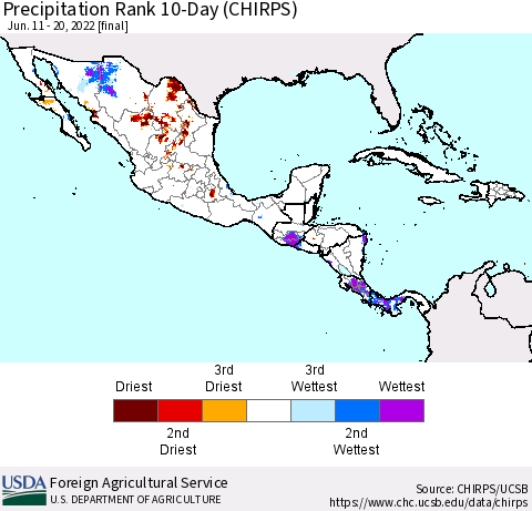 Mexico Central America and the Caribbean Precipitation Rank since 1981, 10-Day (CHIRPS) Thematic Map For 6/11/2022 - 6/20/2022