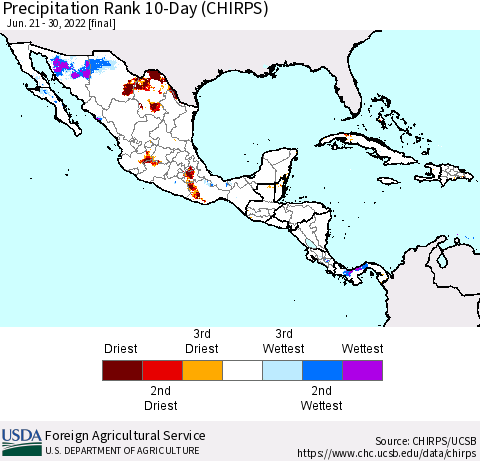 Mexico Central America and the Caribbean Precipitation Rank since 1981, 10-Day (CHIRPS) Thematic Map For 6/21/2022 - 6/30/2022