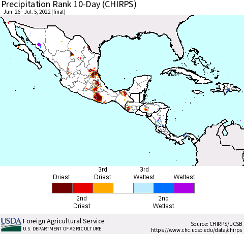 Mexico Central America and the Caribbean Precipitation Rank since 1981, 10-Day (CHIRPS) Thematic Map For 6/26/2022 - 7/5/2022