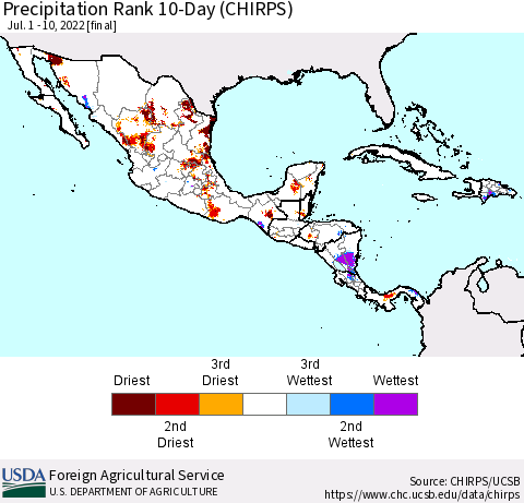 Mexico Central America and the Caribbean Precipitation Rank since 1981, 10-Day (CHIRPS) Thematic Map For 7/1/2022 - 7/10/2022