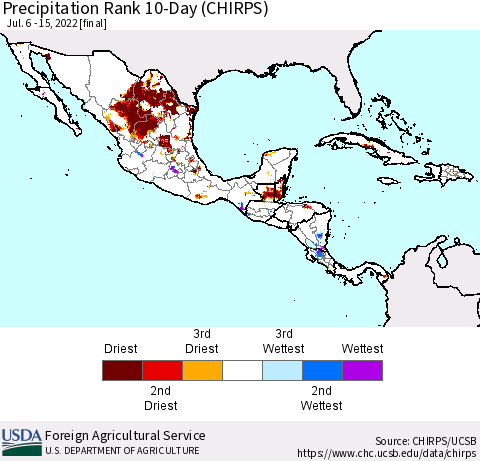 Mexico Central America and the Caribbean Precipitation Rank since 1981, 10-Day (CHIRPS) Thematic Map For 7/6/2022 - 7/15/2022