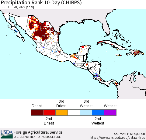 Mexico Central America and the Caribbean Precipitation Rank since 1981, 10-Day (CHIRPS) Thematic Map For 7/11/2022 - 7/20/2022