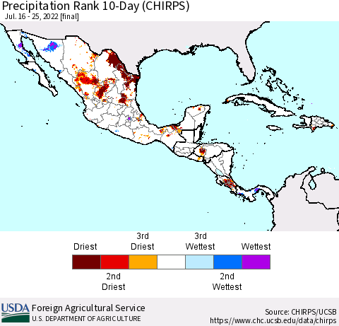 Mexico Central America and the Caribbean Precipitation Rank since 1981, 10-Day (CHIRPS) Thematic Map For 7/16/2022 - 7/25/2022