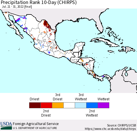 Mexico Central America and the Caribbean Precipitation Rank since 1981, 10-Day (CHIRPS) Thematic Map For 7/21/2022 - 7/31/2022