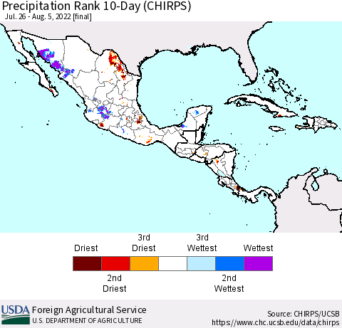 Mexico Central America and the Caribbean Precipitation Rank since 1981, 10-Day (CHIRPS) Thematic Map For 7/26/2022 - 8/5/2022