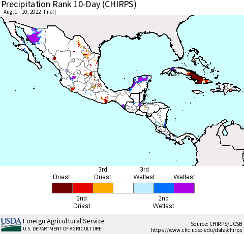 Mexico Central America and the Caribbean Precipitation Rank since 1981, 10-Day (CHIRPS) Thematic Map For 8/1/2022 - 8/10/2022