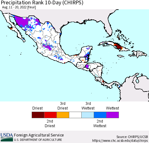 Mexico Central America and the Caribbean Precipitation Rank since 1981, 10-Day (CHIRPS) Thematic Map For 8/11/2022 - 8/20/2022