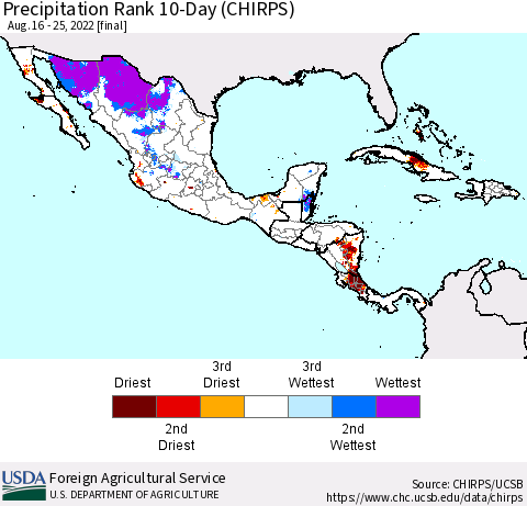 Mexico Central America and the Caribbean Precipitation Rank since 1981, 10-Day (CHIRPS) Thematic Map For 8/16/2022 - 8/25/2022