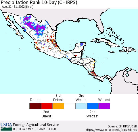Mexico Central America and the Caribbean Precipitation Rank since 1981, 10-Day (CHIRPS) Thematic Map For 8/21/2022 - 8/31/2022