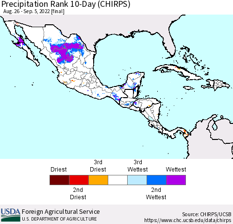 Mexico Central America and the Caribbean Precipitation Rank since 1981, 10-Day (CHIRPS) Thematic Map For 8/26/2022 - 9/5/2022