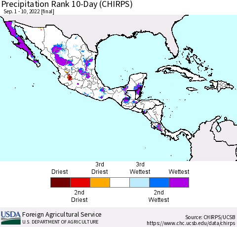 Mexico Central America and the Caribbean Precipitation Rank since 1981, 10-Day (CHIRPS) Thematic Map For 9/1/2022 - 9/10/2022