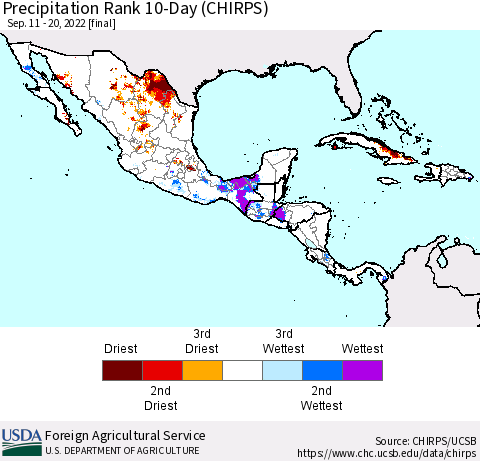Mexico Central America and the Caribbean Precipitation Rank since 1981, 10-Day (CHIRPS) Thematic Map For 9/11/2022 - 9/20/2022