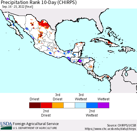 Mexico Central America and the Caribbean Precipitation Rank since 1981, 10-Day (CHIRPS) Thematic Map For 9/16/2022 - 9/25/2022