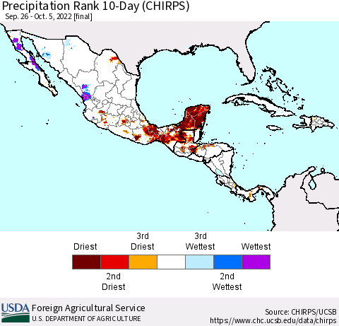 Mexico Central America and the Caribbean Precipitation Rank since 1981, 10-Day (CHIRPS) Thematic Map For 9/26/2022 - 10/5/2022