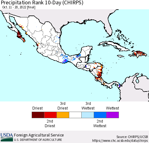 Mexico Central America and the Caribbean Precipitation Rank since 1981, 10-Day (CHIRPS) Thematic Map For 10/11/2022 - 10/20/2022