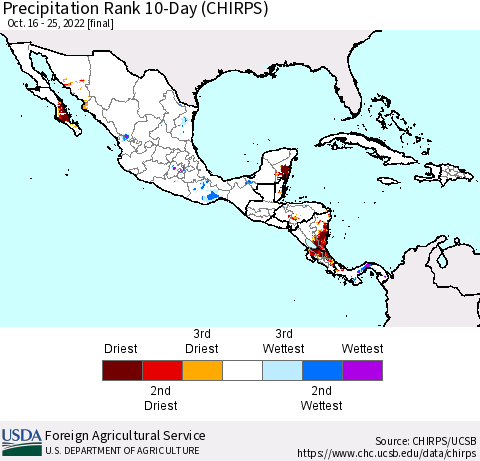 Mexico Central America and the Caribbean Precipitation Rank since 1981, 10-Day (CHIRPS) Thematic Map For 10/16/2022 - 10/25/2022