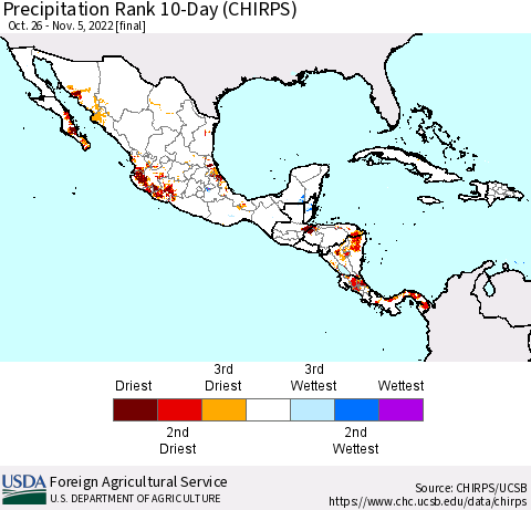 Mexico Central America and the Caribbean Precipitation Rank since 1981, 10-Day (CHIRPS) Thematic Map For 10/26/2022 - 11/5/2022