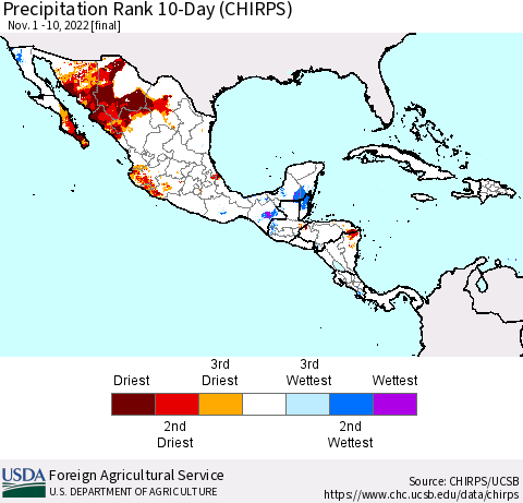 Mexico Central America and the Caribbean Precipitation Rank since 1981, 10-Day (CHIRPS) Thematic Map For 11/1/2022 - 11/10/2022