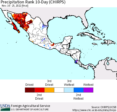 Mexico Central America and the Caribbean Precipitation Rank since 1981, 10-Day (CHIRPS) Thematic Map For 11/16/2022 - 11/25/2022