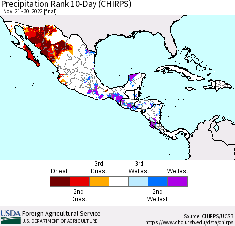 Mexico Central America and the Caribbean Precipitation Rank since 1981, 10-Day (CHIRPS) Thematic Map For 11/21/2022 - 11/30/2022