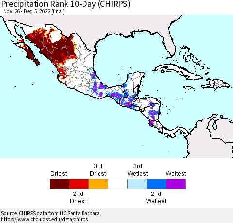 Mexico Central America and the Caribbean Precipitation Rank since 1981, 10-Day (CHIRPS) Thematic Map For 11/26/2022 - 12/5/2022