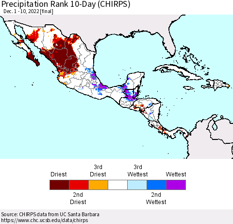 Mexico Central America and the Caribbean Precipitation Rank since 1981, 10-Day (CHIRPS) Thematic Map For 12/1/2022 - 12/10/2022