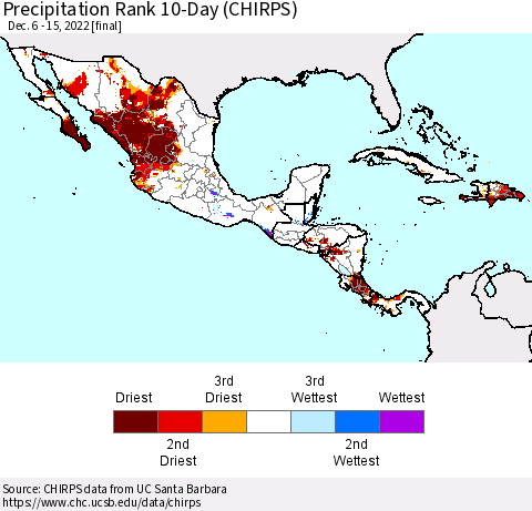 Mexico Central America and the Caribbean Precipitation Rank since 1981, 10-Day (CHIRPS) Thematic Map For 12/6/2022 - 12/15/2022