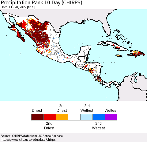 Mexico Central America and the Caribbean Precipitation Rank since 1981, 10-Day (CHIRPS) Thematic Map For 12/11/2022 - 12/20/2022