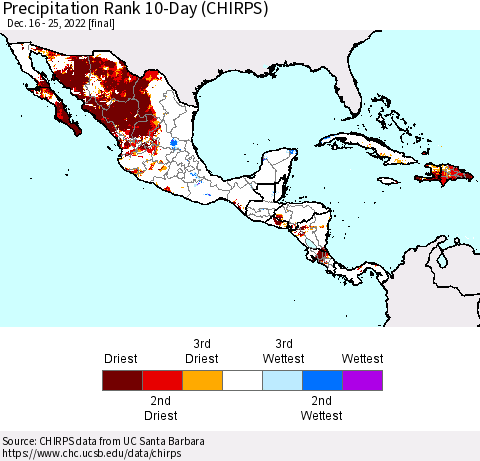 Mexico Central America and the Caribbean Precipitation Rank since 1981, 10-Day (CHIRPS) Thematic Map For 12/16/2022 - 12/25/2022