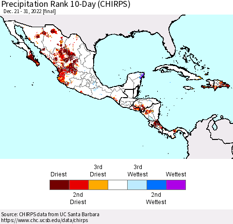 Mexico Central America and the Caribbean Precipitation Rank since 1981, 10-Day (CHIRPS) Thematic Map For 12/21/2022 - 12/31/2022