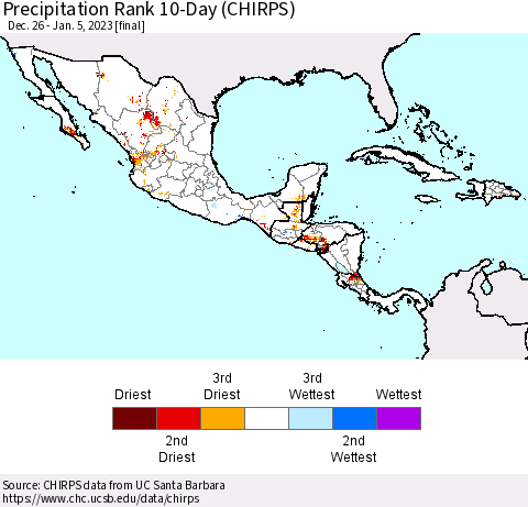 Mexico Central America and the Caribbean Precipitation Rank since 1981, 10-Day (CHIRPS) Thematic Map For 12/26/2022 - 1/5/2023