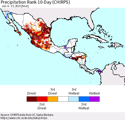 Mexico Central America and the Caribbean Precipitation Rank since 1981, 10-Day (CHIRPS) Thematic Map For 1/6/2023 - 1/15/2023
