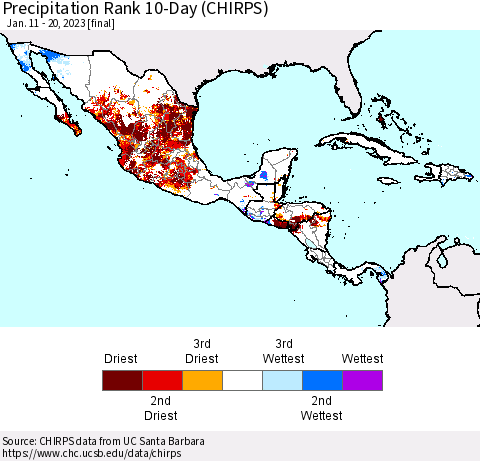 Mexico Central America and the Caribbean Precipitation Rank since 1981, 10-Day (CHIRPS) Thematic Map For 1/11/2023 - 1/20/2023
