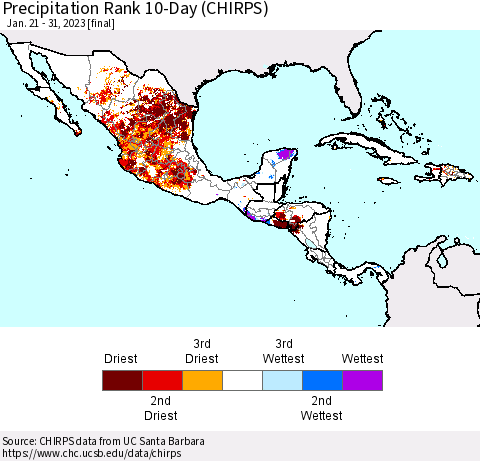 Mexico Central America and the Caribbean Precipitation Rank since 1981, 10-Day (CHIRPS) Thematic Map For 1/21/2023 - 1/31/2023