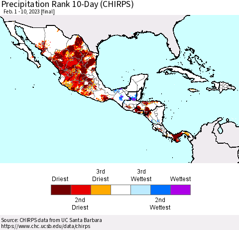 Mexico Central America and the Caribbean Precipitation Rank since 1981, 10-Day (CHIRPS) Thematic Map For 2/1/2023 - 2/10/2023