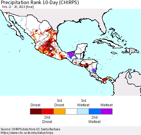 Mexico Central America and the Caribbean Precipitation Rank since 1981, 10-Day (CHIRPS) Thematic Map For 2/11/2023 - 2/20/2023