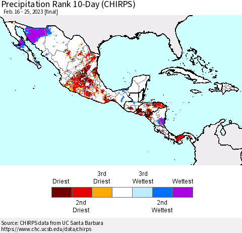 Mexico Central America and the Caribbean Precipitation Rank since 1981, 10-Day (CHIRPS) Thematic Map For 2/16/2023 - 2/25/2023