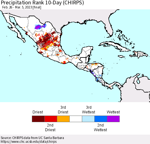 Mexico Central America and the Caribbean Precipitation Rank since 1981, 10-Day (CHIRPS) Thematic Map For 2/26/2023 - 3/5/2023
