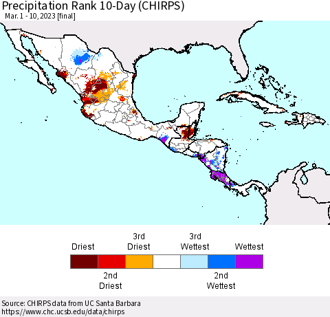 Mexico Central America and the Caribbean Precipitation Rank since 1981, 10-Day (CHIRPS) Thematic Map For 3/1/2023 - 3/10/2023