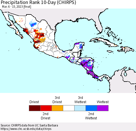 Mexico Central America and the Caribbean Precipitation Rank since 1981, 10-Day (CHIRPS) Thematic Map For 3/6/2023 - 3/15/2023