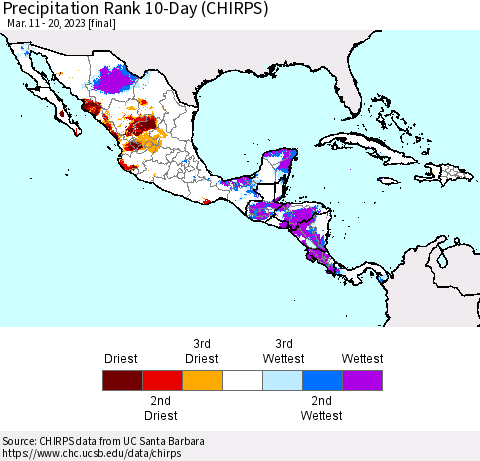 Mexico Central America and the Caribbean Precipitation Rank since 1981, 10-Day (CHIRPS) Thematic Map For 3/11/2023 - 3/20/2023