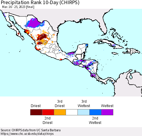 Mexico Central America and the Caribbean Precipitation Rank since 1981, 10-Day (CHIRPS) Thematic Map For 3/16/2023 - 3/25/2023