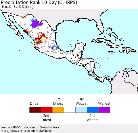 Mexico Central America and the Caribbean Precipitation Rank since 1981, 10-Day (CHIRPS) Thematic Map For 3/21/2023 - 3/31/2023