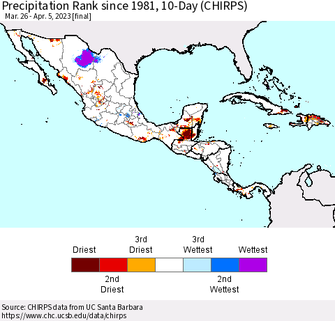 Mexico Central America and the Caribbean Precipitation Rank since 1981, 10-Day (CHIRPS) Thematic Map For 3/26/2023 - 4/5/2023