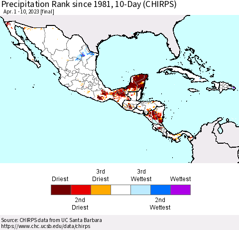 Mexico Central America and the Caribbean Precipitation Rank since 1981, 10-Day (CHIRPS) Thematic Map For 4/1/2023 - 4/10/2023