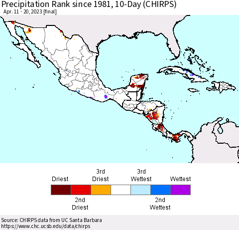 Mexico Central America and the Caribbean Precipitation Rank since 1981, 10-Day (CHIRPS) Thematic Map For 4/11/2023 - 4/20/2023